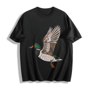 Embroidered Duck Animal Lover Cotton T-Shirt in Black