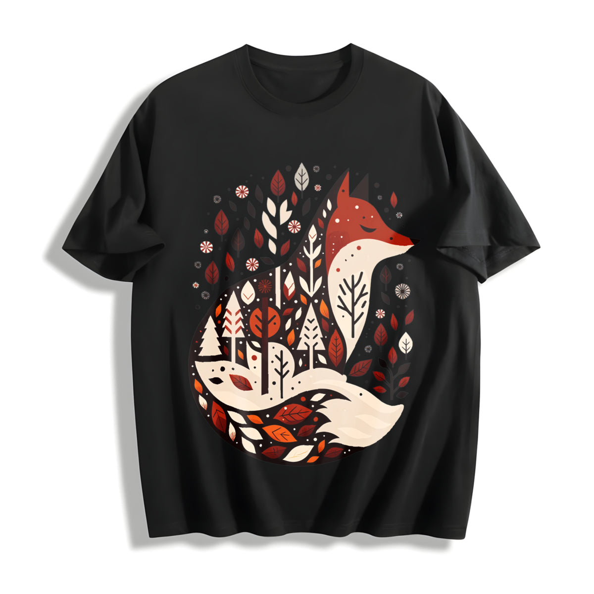 Folk Art Bohemian Fox and Tree Cotton T-Shirt in Black