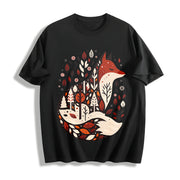 Folk Art Bohemian Fox and Tree Cotton T-Shirt in Black