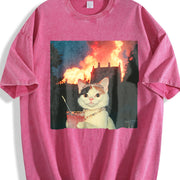 Glam Cat with a Fire Background Vintage Washed T-Shirt in Red
