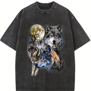 Wolf 90s Wolf Lovers Retro Moon Vintage Washed T-Shirt in Black
