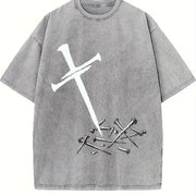 Grunge Vibes for the Urban Explorer: Inverted Cross On Vintage Washed T-Shirt in Gray