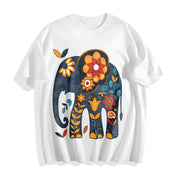 Bohemian Elephant with Vibrant Elephant & Floral Cotton T-Shirt in White