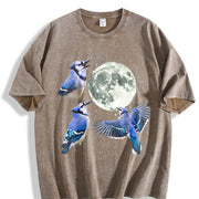 Blue Jay Moon 90s Retro Celestial Bird Watcher Vintage Washed T-Shirt in Brown