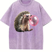 Grunge Vibes for Urban Explorers: Hedgehog in Pink Shades Vintage Washed T-Shirt in Purple