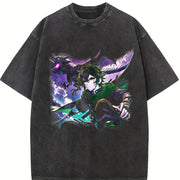 Anime X Dragon Halftone Vintage Washed T-Shirt in Black