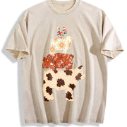 Western Cow Faux Patchwork Hen Pig Lamp Retro Country Vintage Washed T-Shirt in Beige