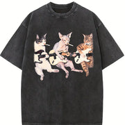 Rock Band Cats Retro Guitar Cat Vintage Washed T-Shirt in Black