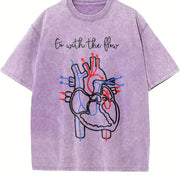 Simple Letter and Peace Heart One-piece Vintage Washed T-Shirt in Purple