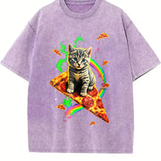 Cat Meme Pizza Galaxy Vintage Washed T-Shirt in Purple