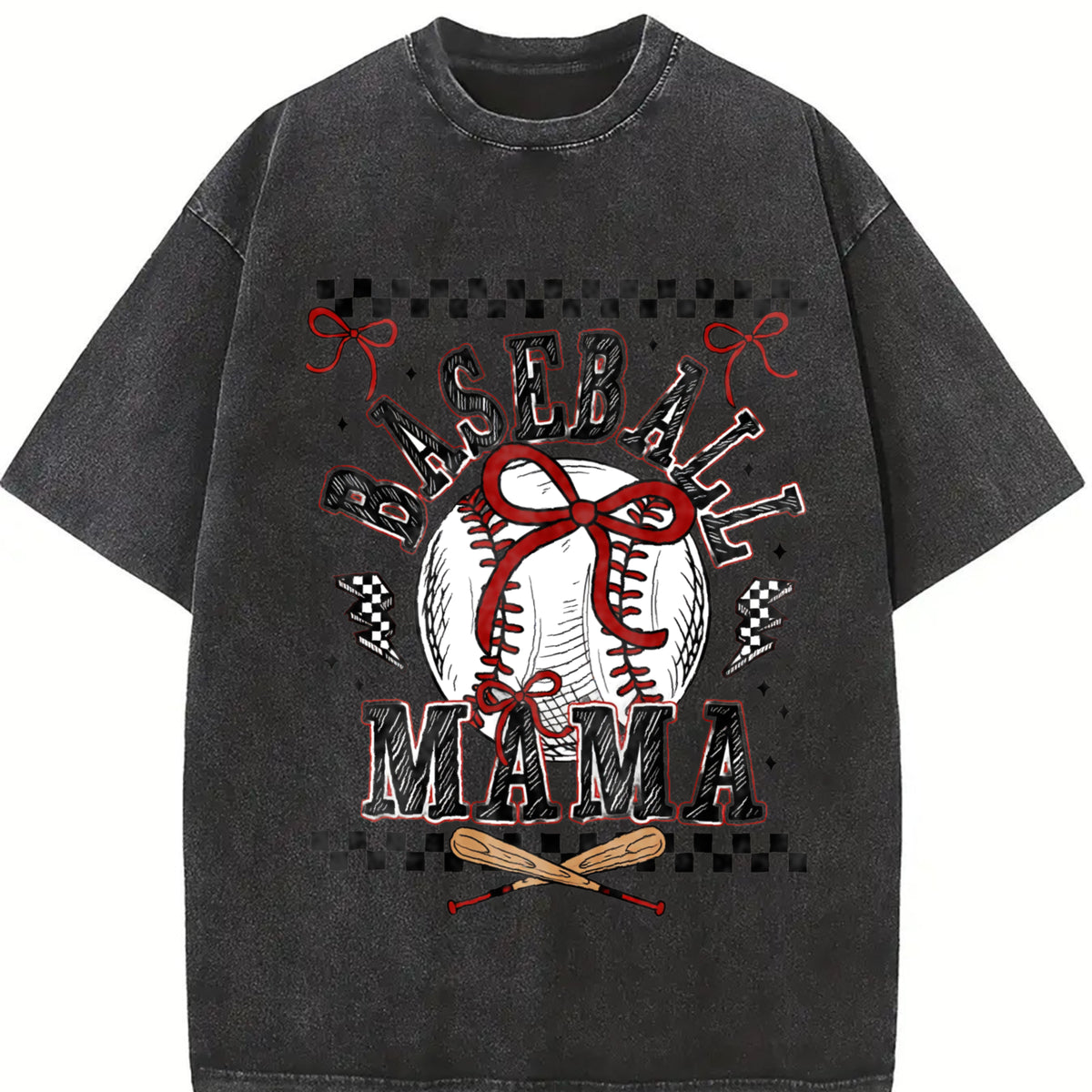 Retro Baseball Mama Checkered Vintage Washed T-Shirt in Black