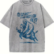Retro Sloth Riding a Boar 90s Vintage Washed T-Shirt in Gray
