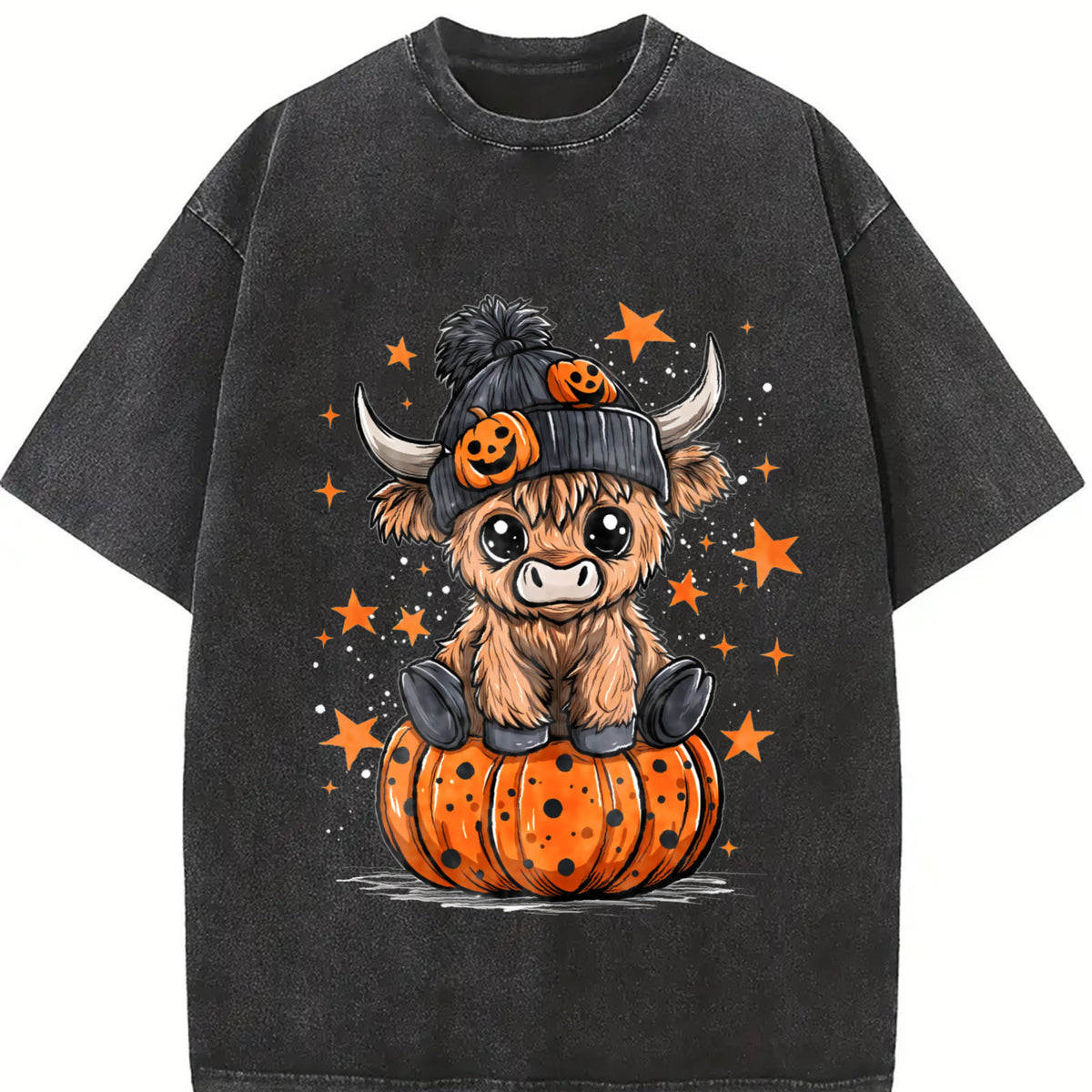 Highland Cow Halloween Vintage Washed T-Shirt in Black
