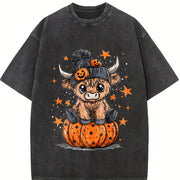 Highland Cow Halloween Vintage Washed T-Shirt in Black