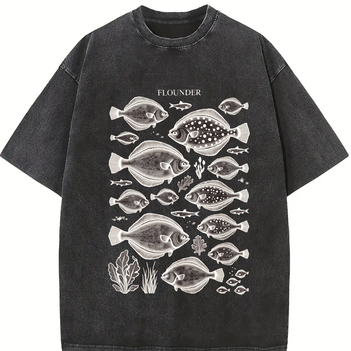 Flounder Fish 90s Retro ® Fisherman Y2k Vintage Washed T-Shirt in Black