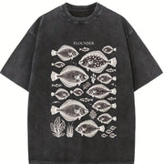 Flounder Fish 90s Retro ® Fisherman Y2k Vintage Washed T-Shirt in Black