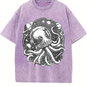 Retro Octopus in Space 90s Vintage Washed T-Shirt in Purple