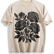 Linocut Flower ® Retro Block Peonies Vintage Washed T-Shirt in Beige
