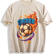 Flaming Soccer Ball Vintage Washed T-Shirt in Beige