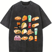 250gsm Retro Mexican Food (Tacos Vintage Washed T-Shirt in Black