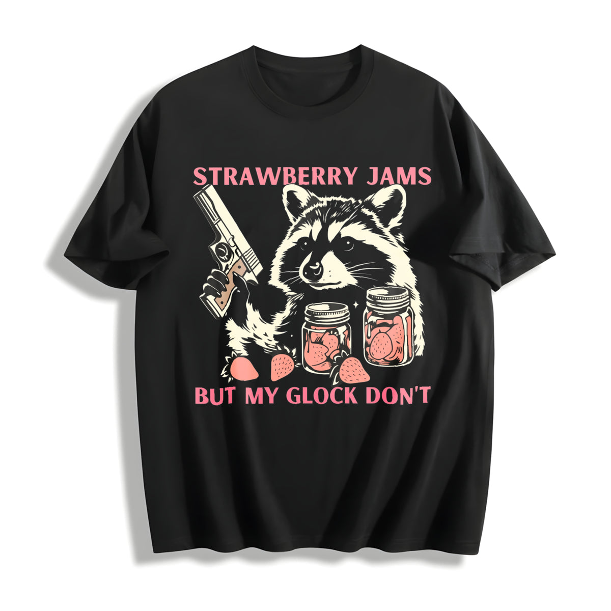 Cute Raccoon with Strawberry Jams and PewPew Protection Cotton T-Shirt in Black