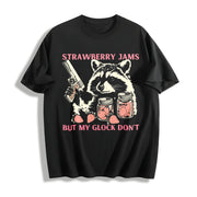Cute Raccoon with Strawberry Jams and PewPew Protection Cotton T-Shirt in Black