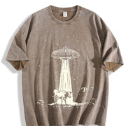 Retro Cow and Western UFO 90s Vintage Washed T-Shirt in Brown