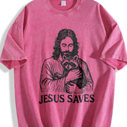 Retro Religious Jesus Hugs Raccoon Christ Vintage Washed T-Shirt in Red