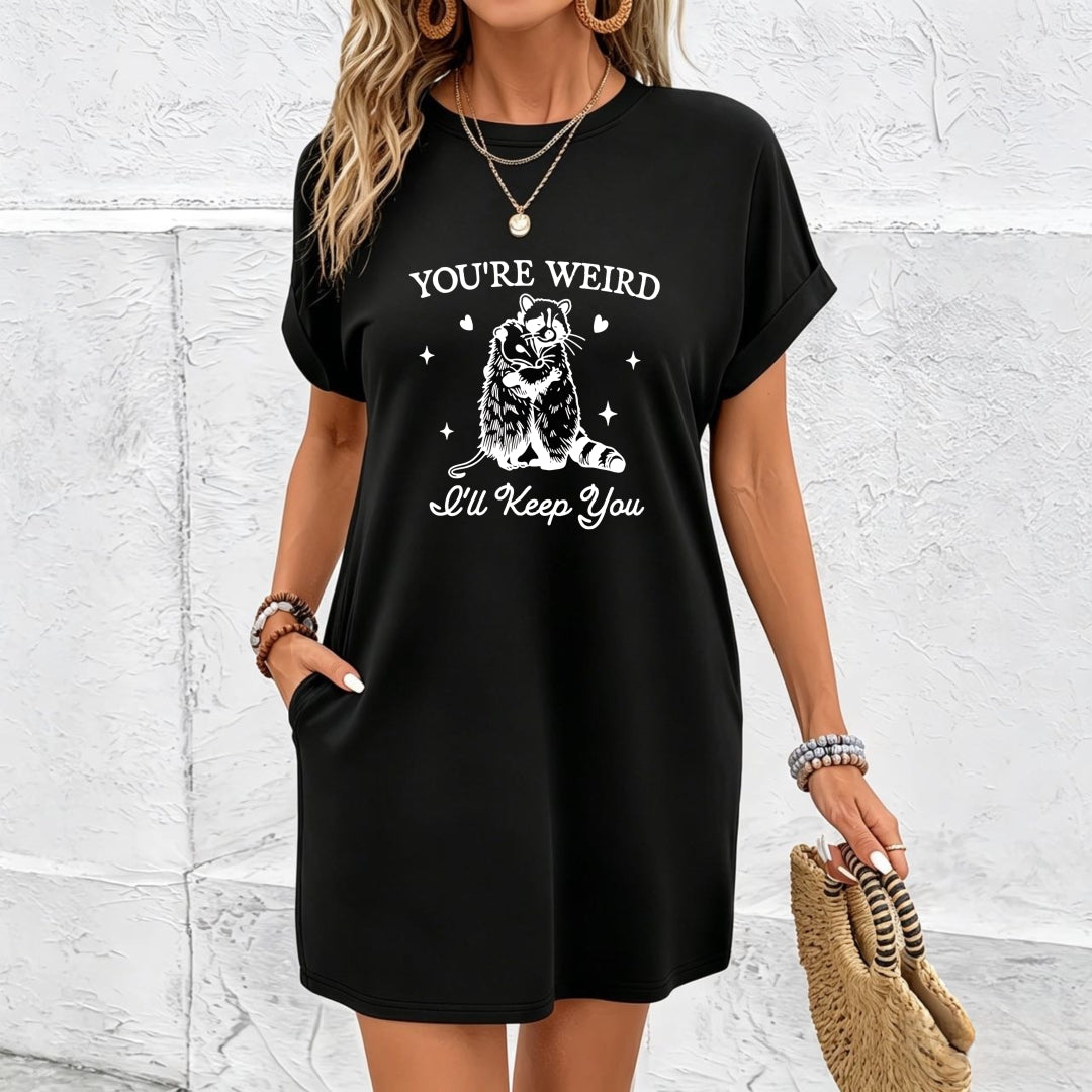 Spring and Cartoon Animal Letter High Elastic Dress Cotton T-Shirt in Black