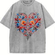 Bohemian Folk Art Heart & Leaf Vintage Washed T-Shirt in Gray