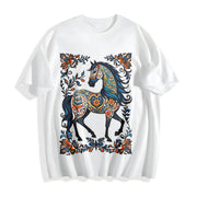 New Year Winter and Porcelain Floral Horse Cotton T-Shirt in White