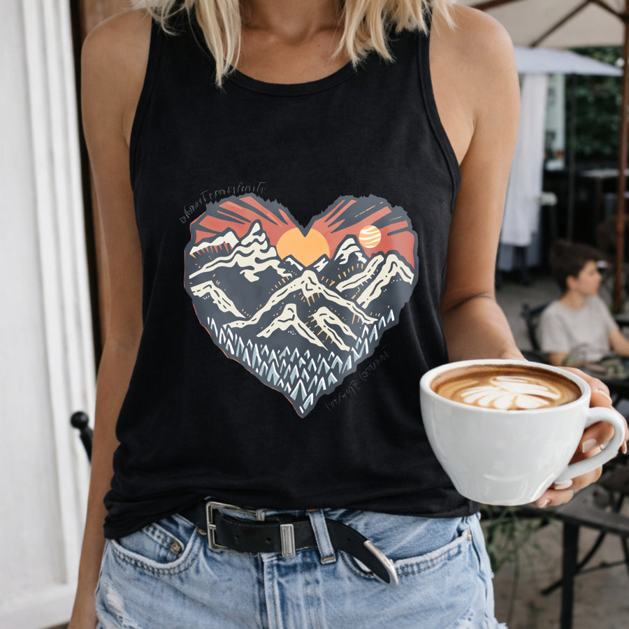 Heart Mountain Sunset Crew-neck Sleeveless Vest Outdoor Women's Color Cotton Tank Top in Black