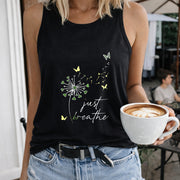 Dandelion Butterflies Just Breathe Crew-neck Sleeveless Women's Color Cotton Tank Top in Black