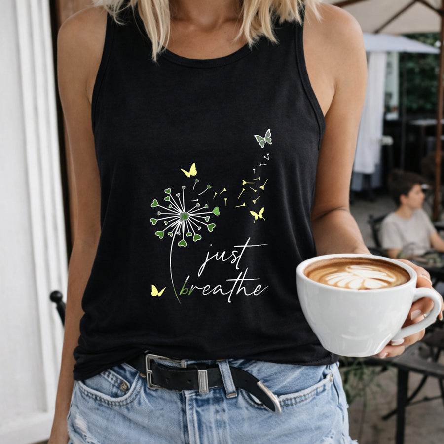 Dandelion Butterflies Just Breathe Crew-neck Sleeveless Women's Color Cotton Tank Top in Black