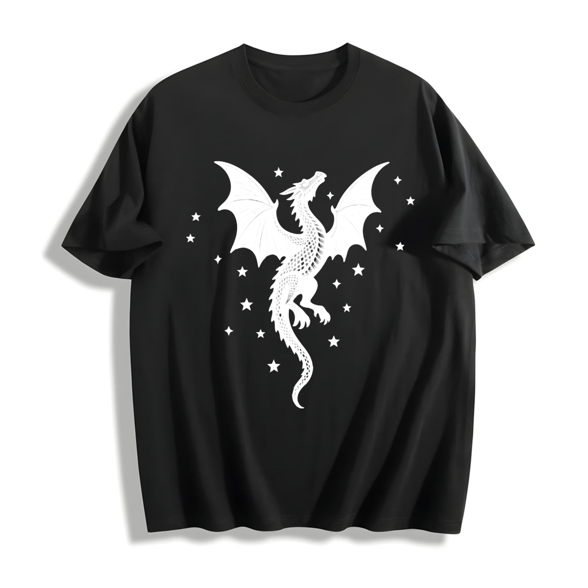 A Scale-patterned Black Dragon Round-neck Short-sleeve. Cotton T-Shirt in Black