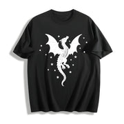 A Scale-patterned Black Dragon Round-neck Short-sleeve. Cotton T-Shirt in Black