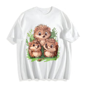 A Round-neck Short-sleeve with Three Brown Hedgehogs Cotton T-Shirt in White