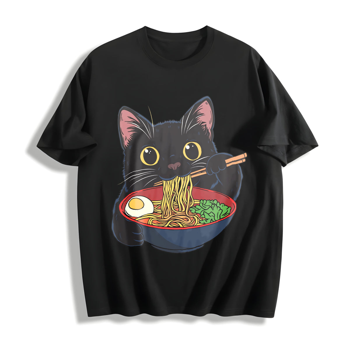 Cat Ramen Cute Cotton T-Shirt in Black