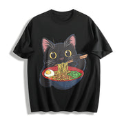 Cat Ramen Cute Cotton T-Shirt in Black