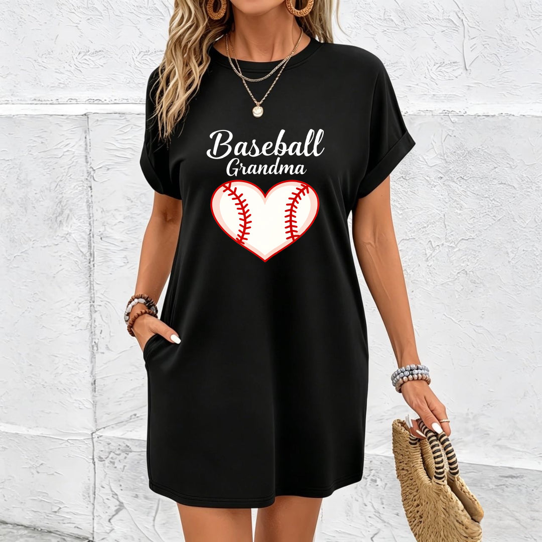 Elegant Baseball Grandma Short-sleeved Long Dress Cotton T-Shirt in Black
