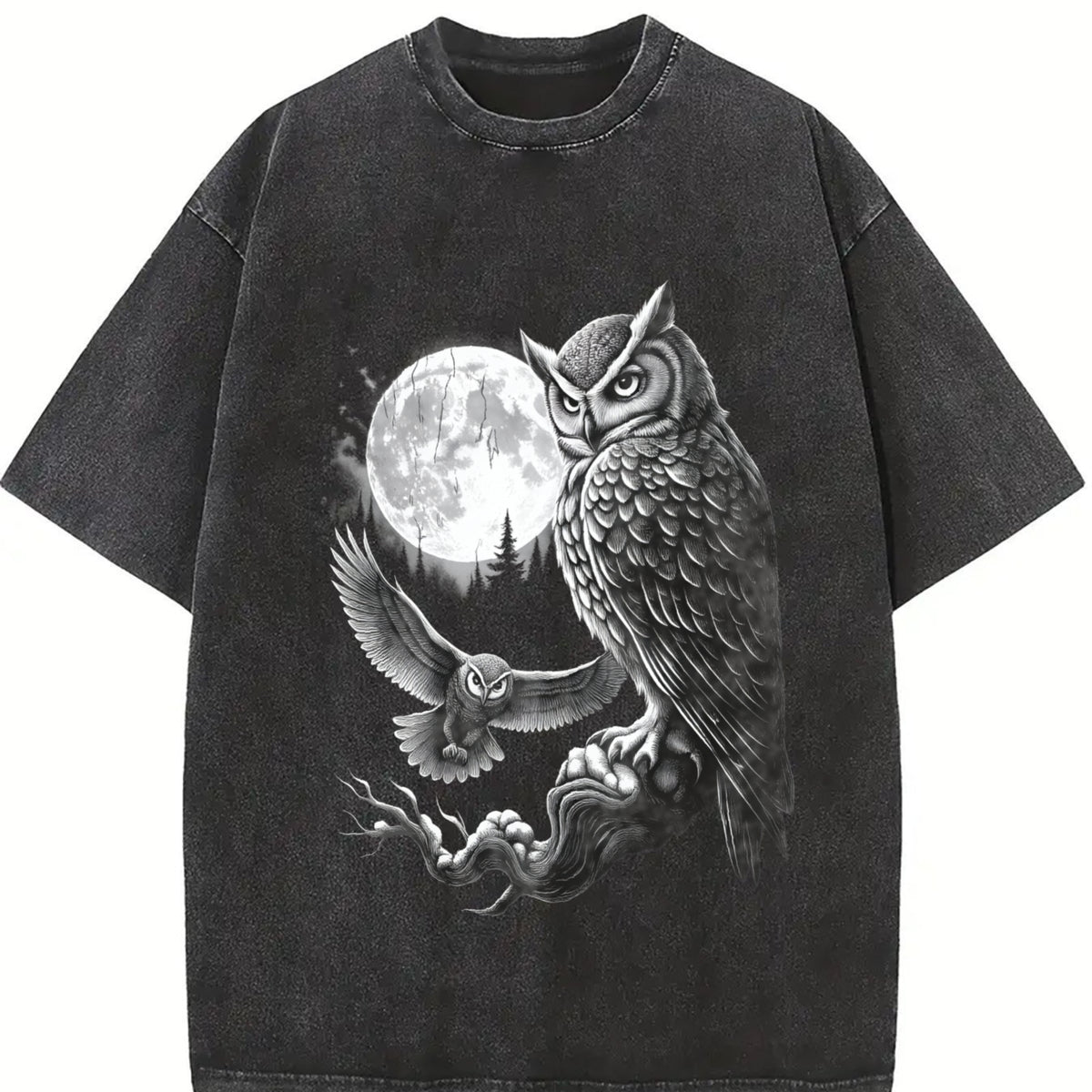 Owl 90s Retro Forest Bird Vintage Washed T-Shirt in Black