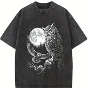 Owl 90s Retro Forest Bird Vintage Washed T-Shirt in Black