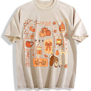 Preppy Fall Bow Pumpkin Pullover Vintage Washed T-Shirt in Beige