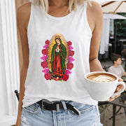 Virgin Mary with Roses Crew-neck Sleeveless Vest Outdoor Women's Color Cotton Tank Top in White