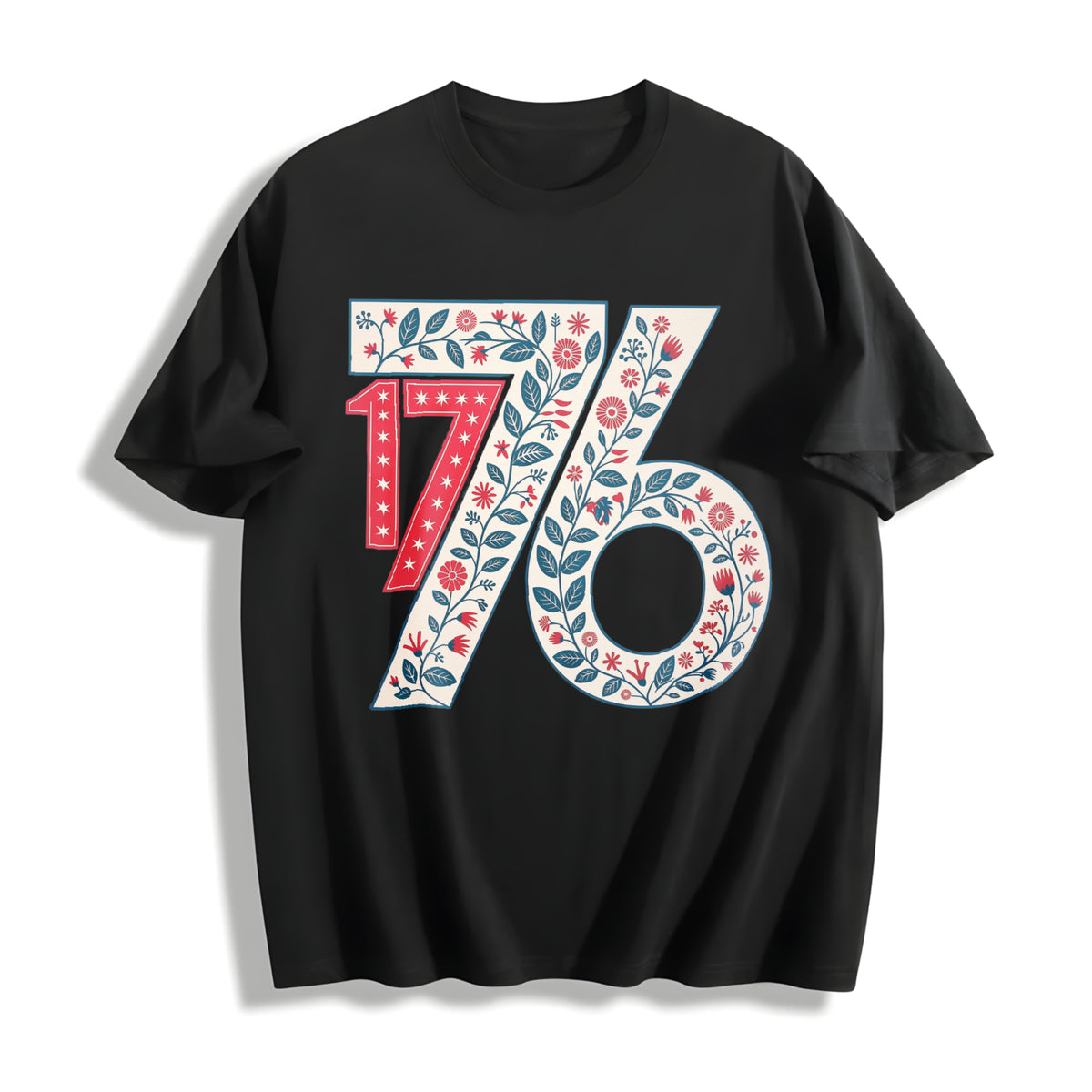 Floral 1776 USA Independence Cotton T-Shirt in Black