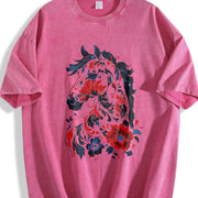 New Year Winter a Horse Year Theme Vintage Washed T-Shirt in Red