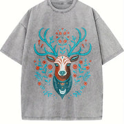 Animal with Faux Embroidered Deer Head Vintage Washed T-Shirt in Gray