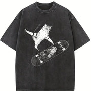 Skateboarding Cat Y2k Cat Vintage Washed T-Shirt in Black
