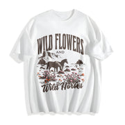 Western Wild Horses Wildflowers Cotton T-Shirt in White