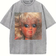 Creepy Doll Face Vintage Washed T-Shirt in Gray